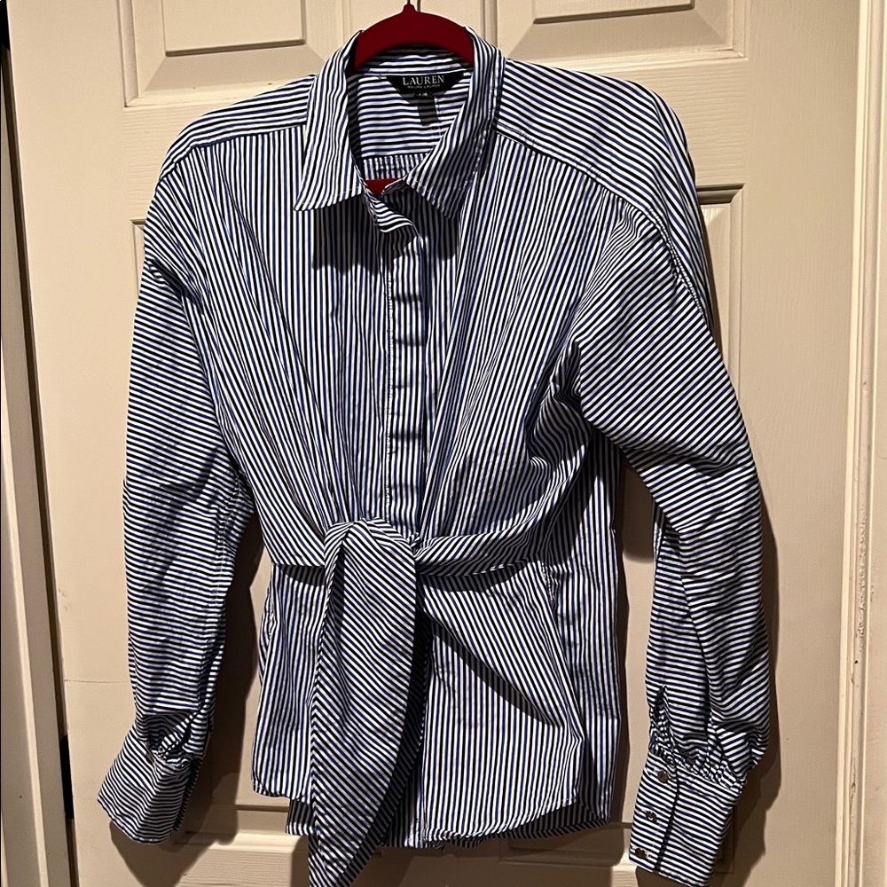 Lauren Ralph Lauren Navy & White Striped Button-Front Shirt with Tie Detail